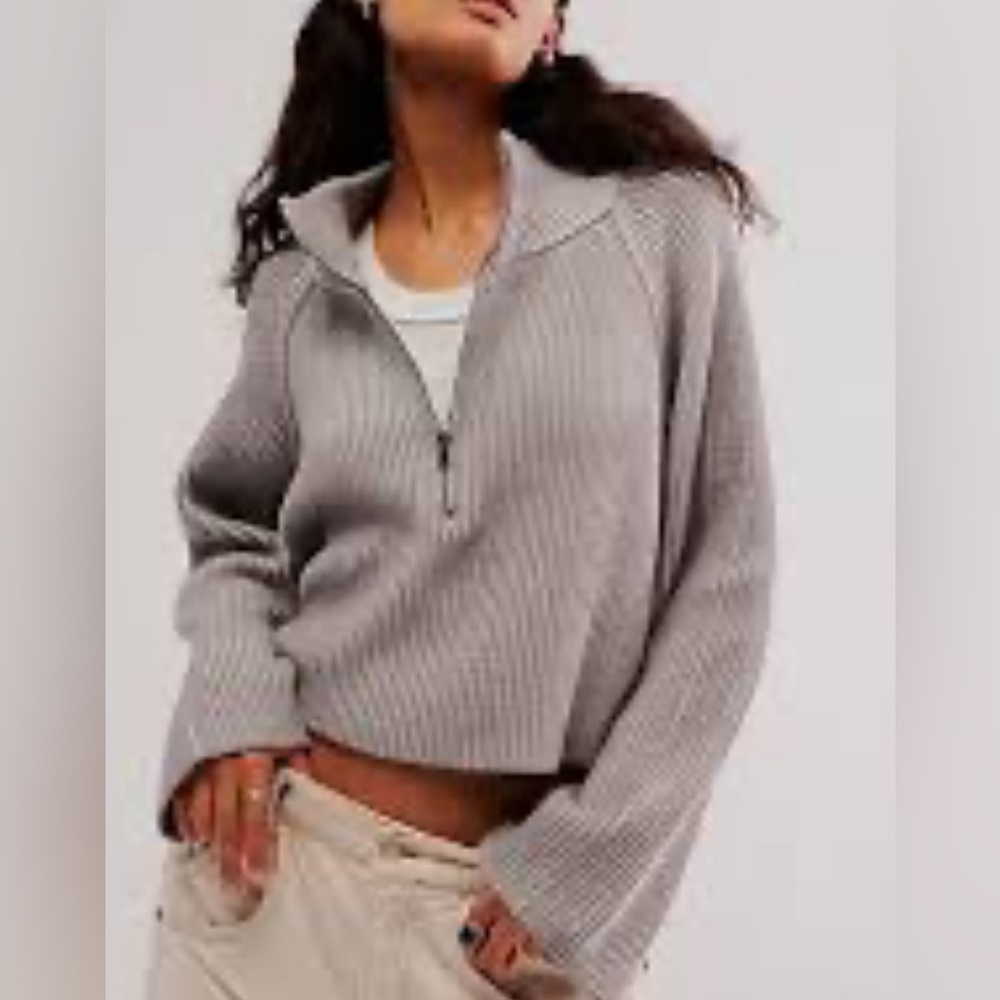 Free People Greta Half Zip Pullover Soft Gray Sweater Size XL New